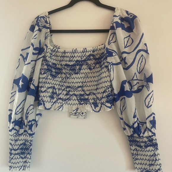 FARM Rio Off-White Pitta Waves Smocked Blouse Size Medium - Picture 6 of 8